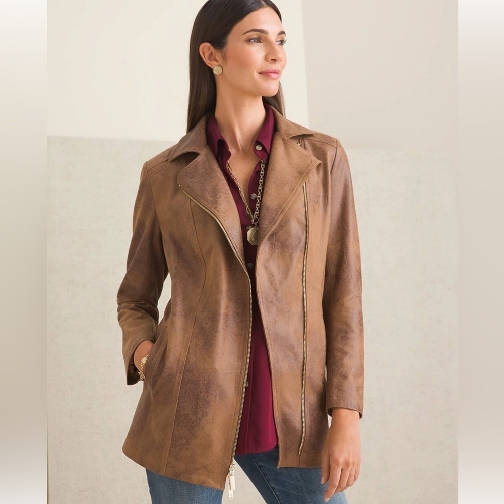 Chicos Brown Zippered Pocketed Faux Leather Suede Lined Motorcycle Jacket 4 6